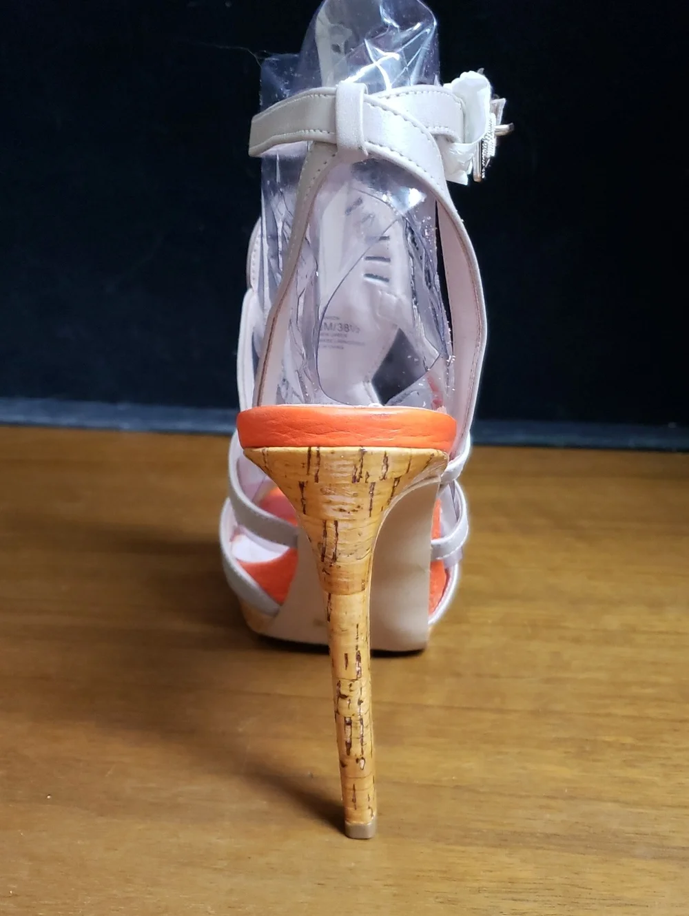 Women’s Strappy Gemstone Cork High Heel Sandals - White and Orange